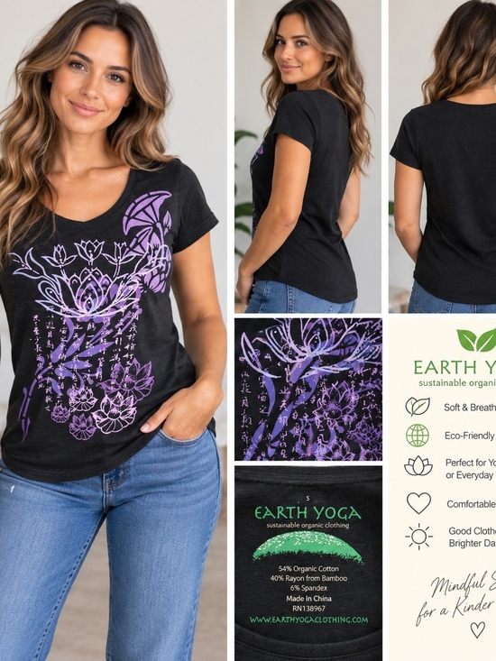 Earth Yoga Tops - Earth Yoga Black Short Sleeve Scoop Neck Tee with Lavender Floral Lotus Print